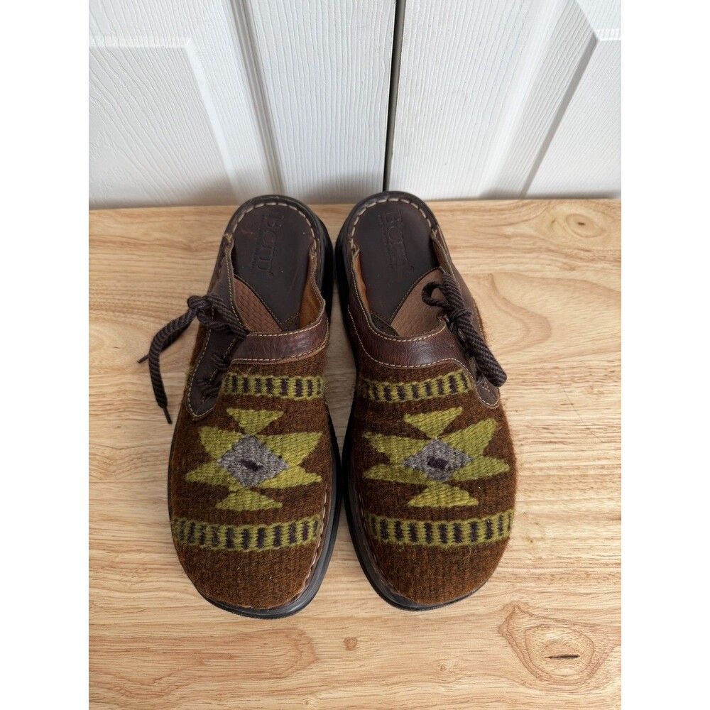 Born Santa Fe Clogs Brown Mules Womens 10M 42 Leather Southwestern Wool Aztec